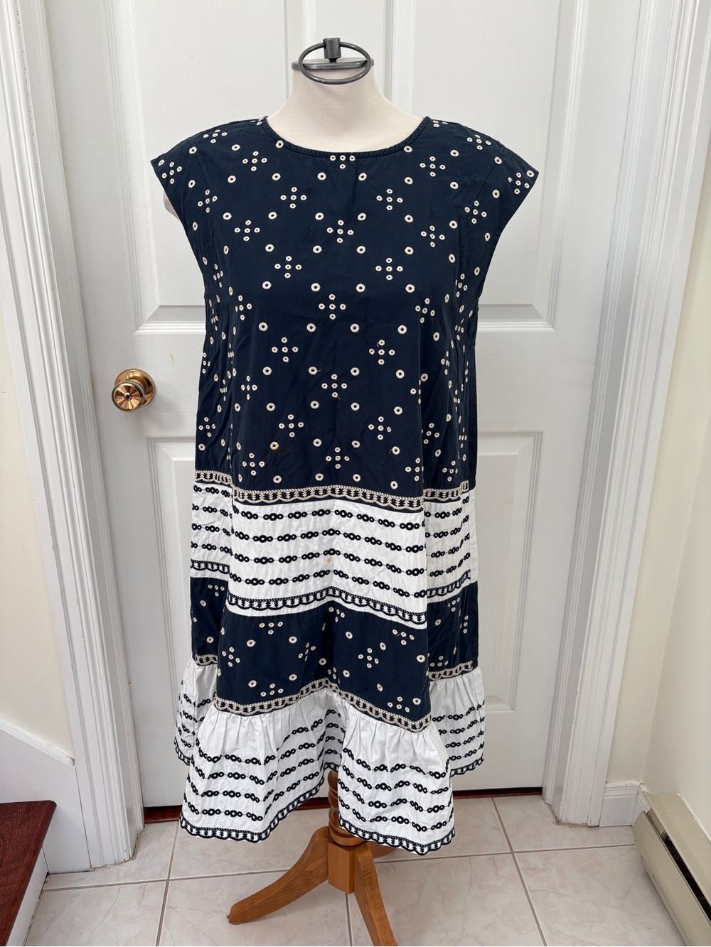 Navy and White Tiered Eyelet Sleeveless Swing Dress